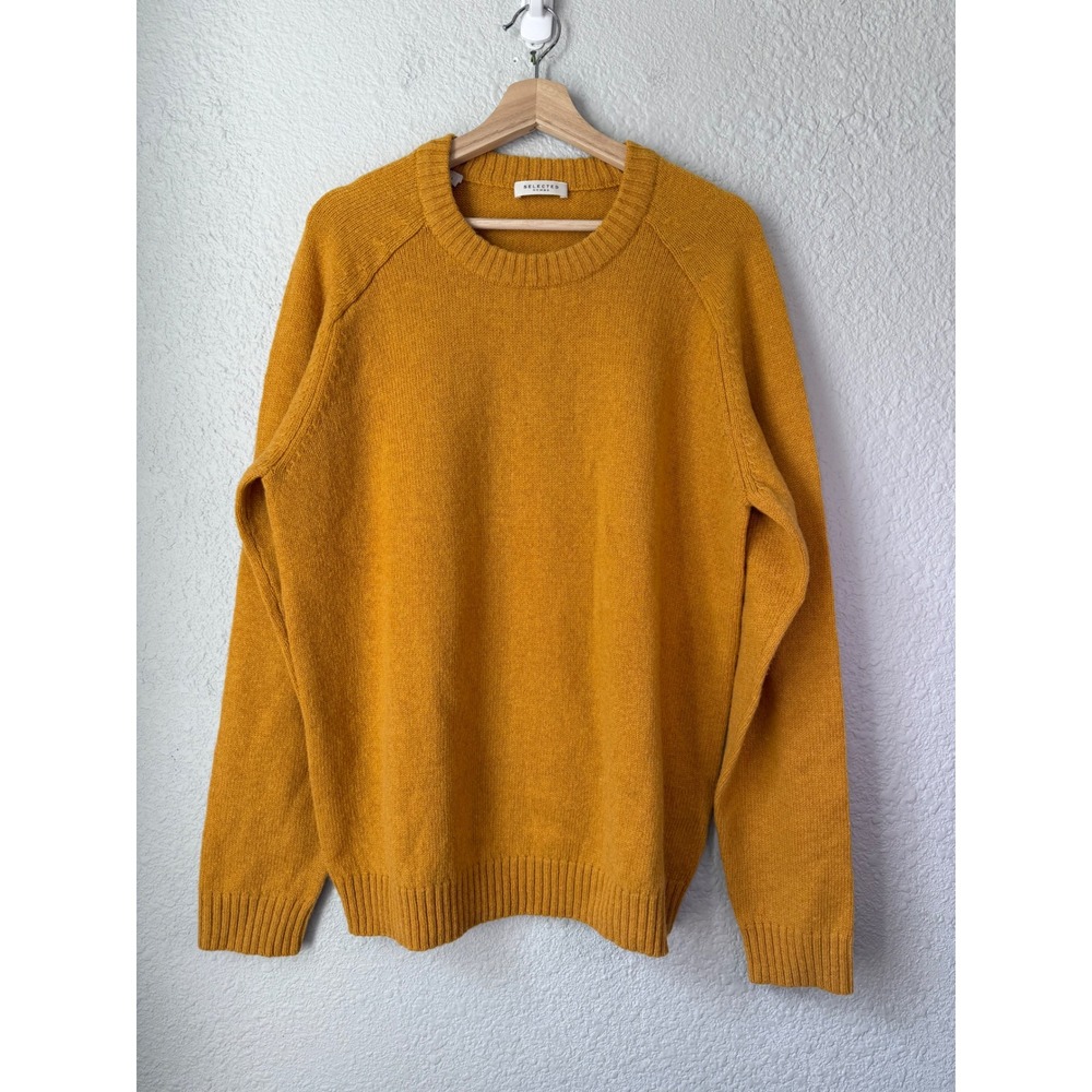 Selected Homme Mens Mustard Yellow 100% Wool Crew Neck Raglan Sweater Large